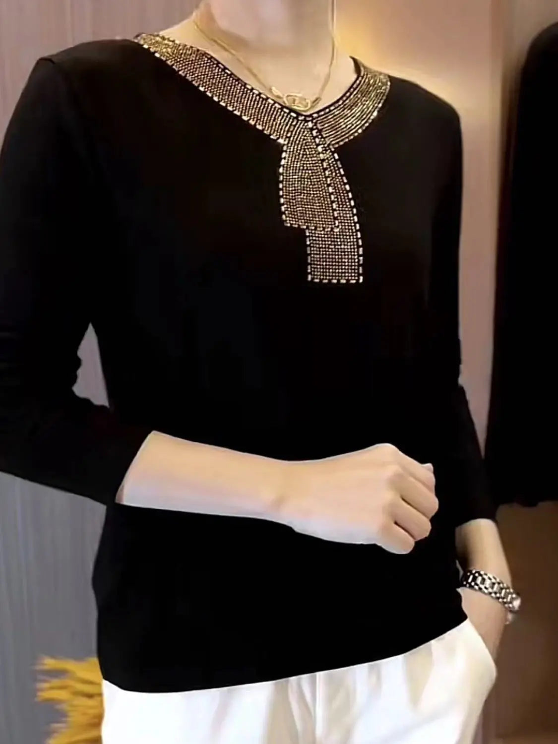 Adriy - Luxus Samt Langarm-T-Shirt mit Strass