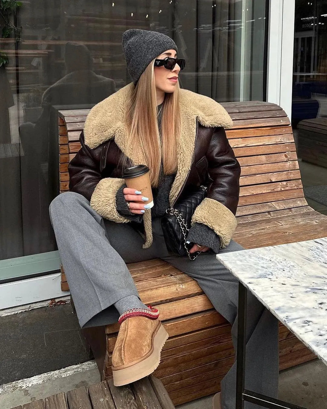 Wanda - Revers-Lederjacke aus Wolle