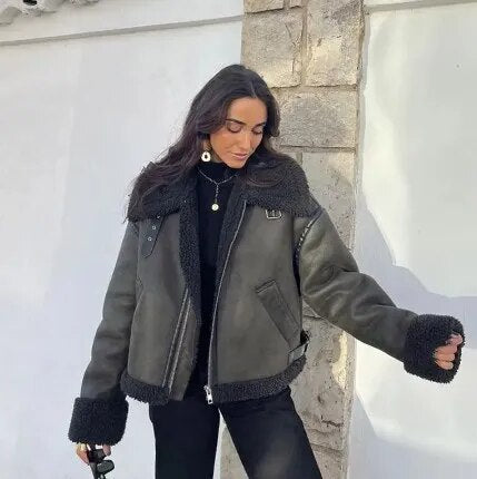 Wanda - Revers-Lederjacke aus Wolle