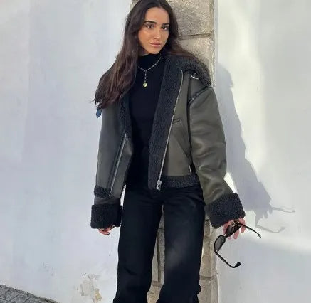 Wanda - Revers-Lederjacke aus Wolle