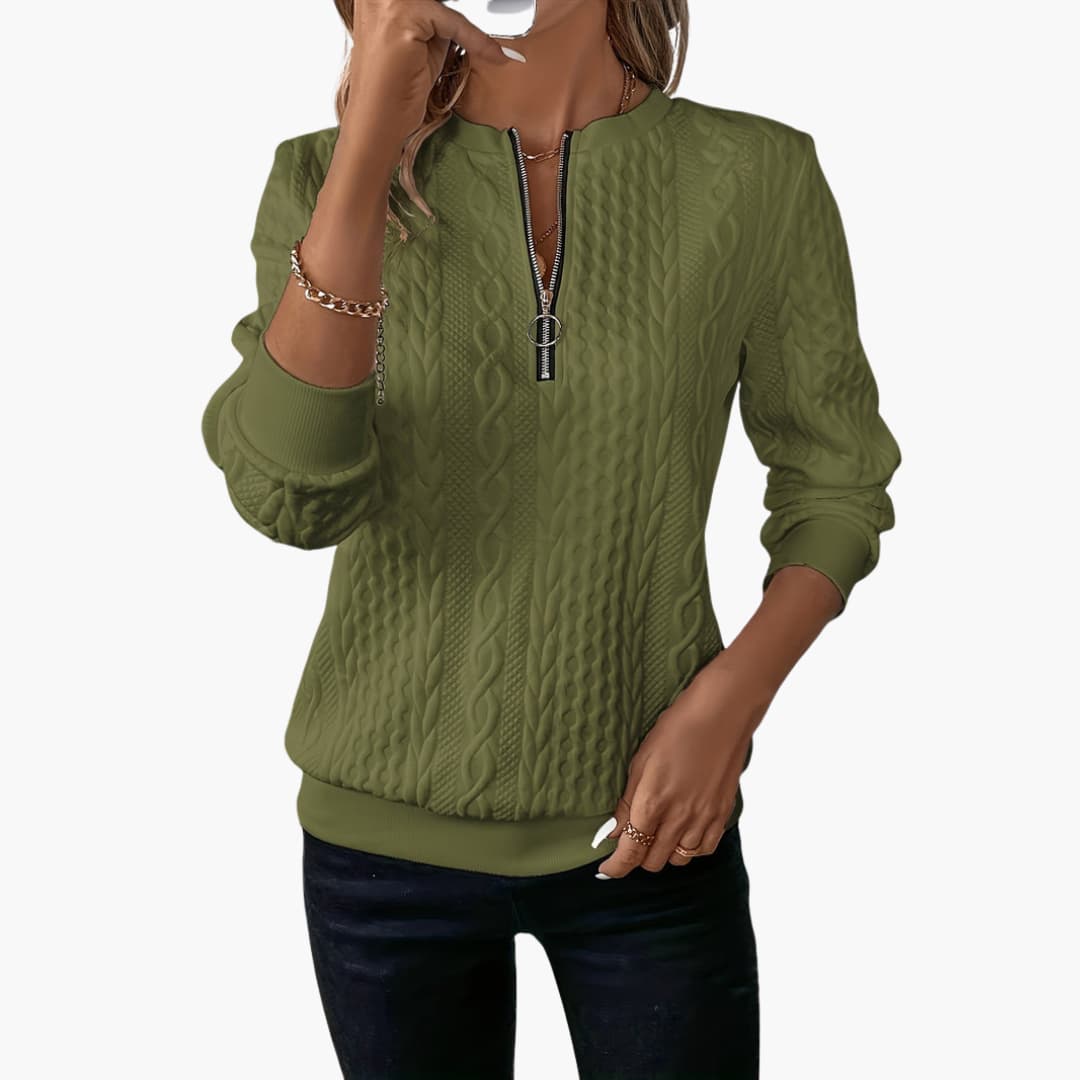 Adela – Damen Pullover mit Reißverschluss & Zopfmuster