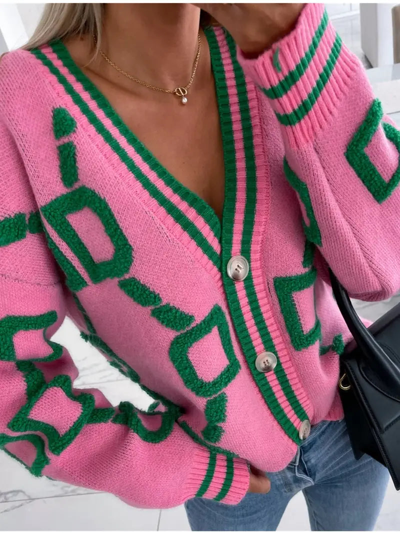 Lena - Kontrast Cardigan V-Ausschnitt Damen Frühling