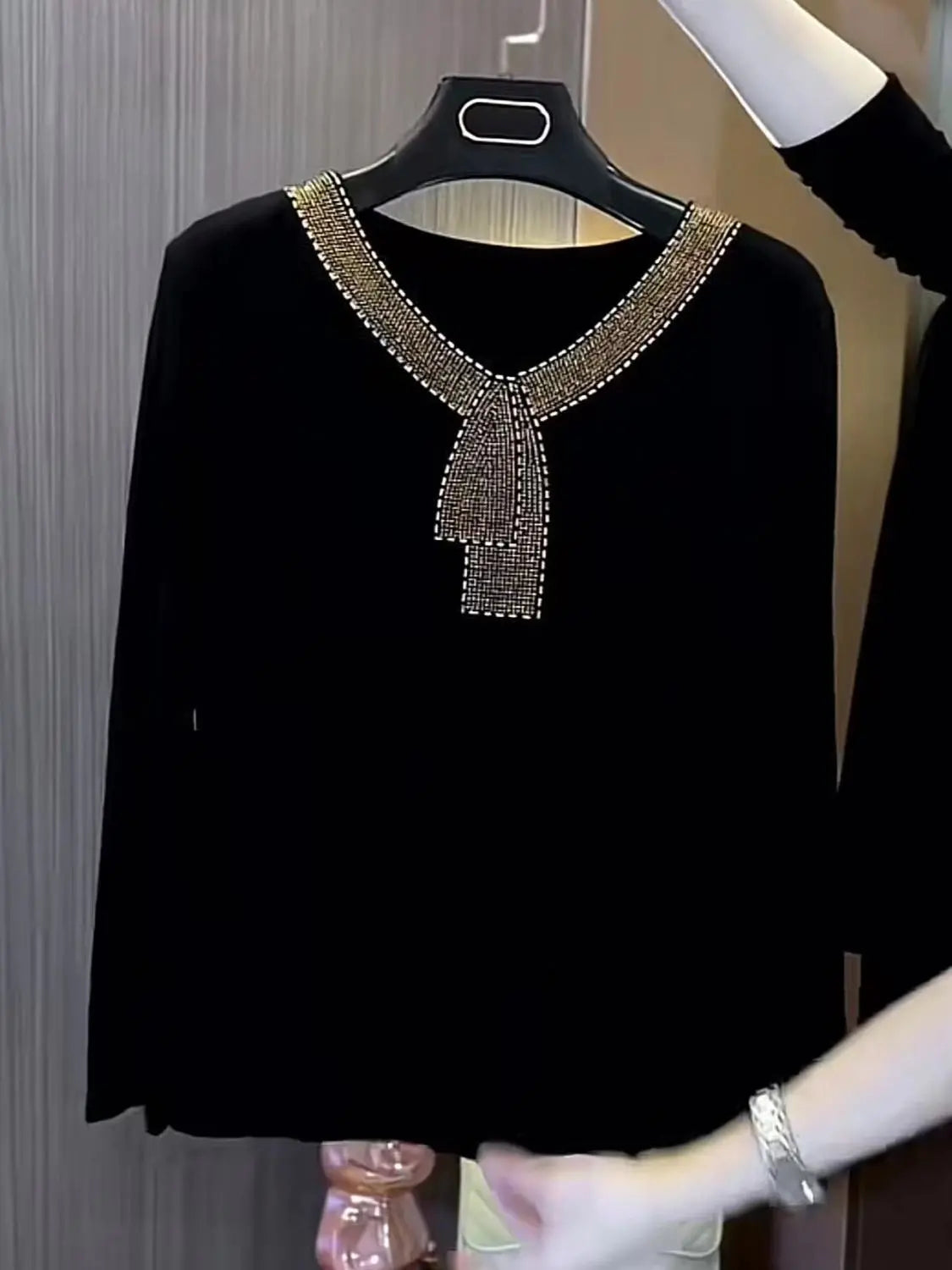 Adriy - Luxus Samt Langarm-T-Shirt mit Strass