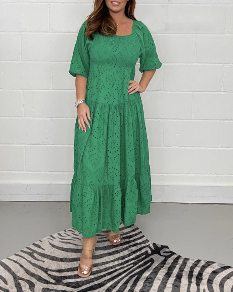 Adelheid - Einfarbiges, hohles Kleid mit eckigem Kragen Grün