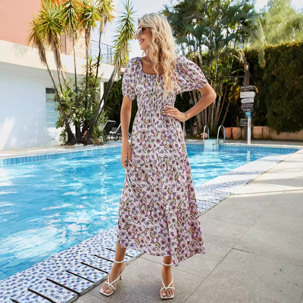 Alexandra- Damen Maxikleid mit nahtlosem Gummizug und Blumenmuster Lila 3