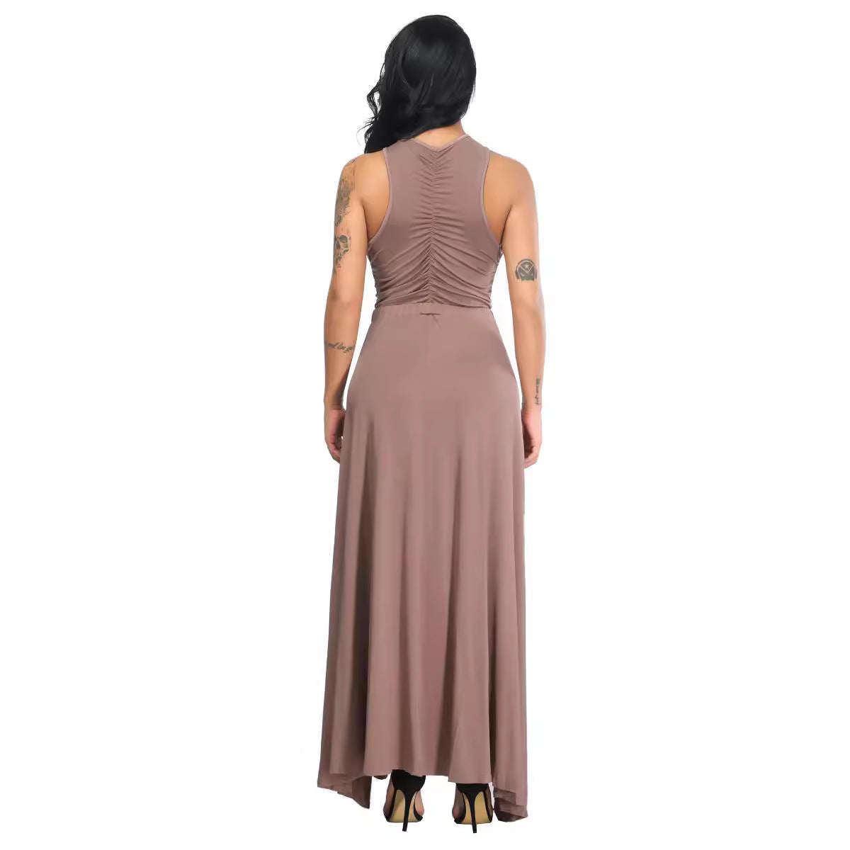 Alice- Damen Maxikleid mit Hochgeschlossenem Ausschnitt und Beinschlitz Aprikose
