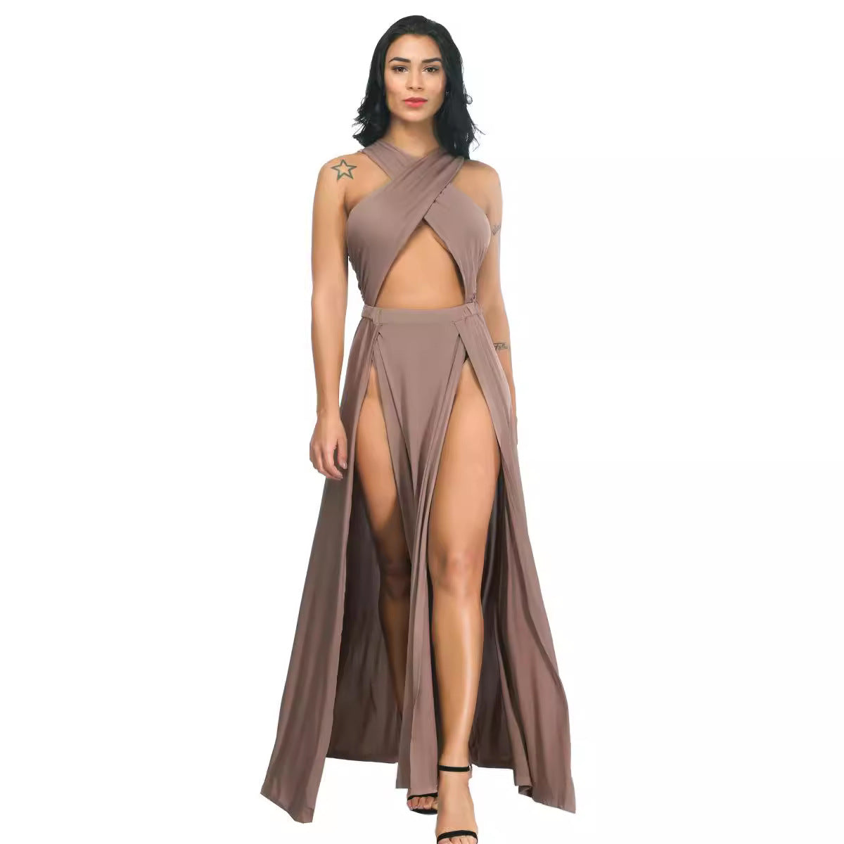 Alice- Damen Maxikleid mit Hochgeschlossenem Ausschnitt und Beinschlitz Aprikose 1