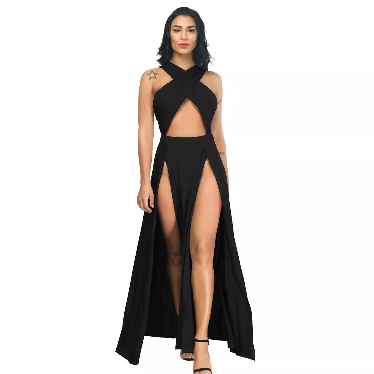 Alice- Damen Maxikleid mit Hochgeschlossenem Ausschnitt und Beinschlitz Schwarz 1