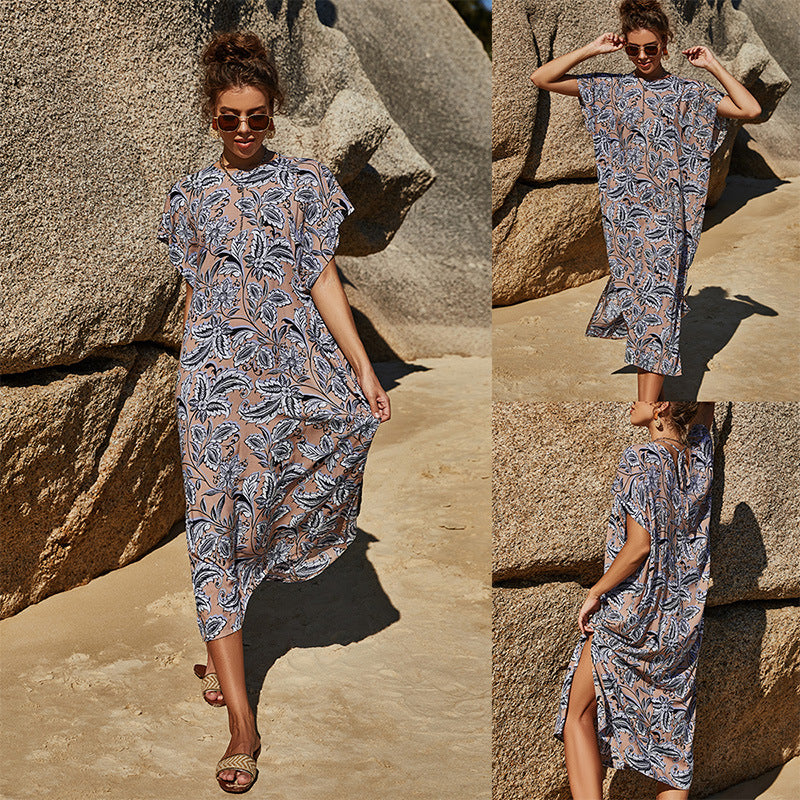 Amalia- Damen Maxikleid mit floralen Mustern und Ärmeln Kaffee