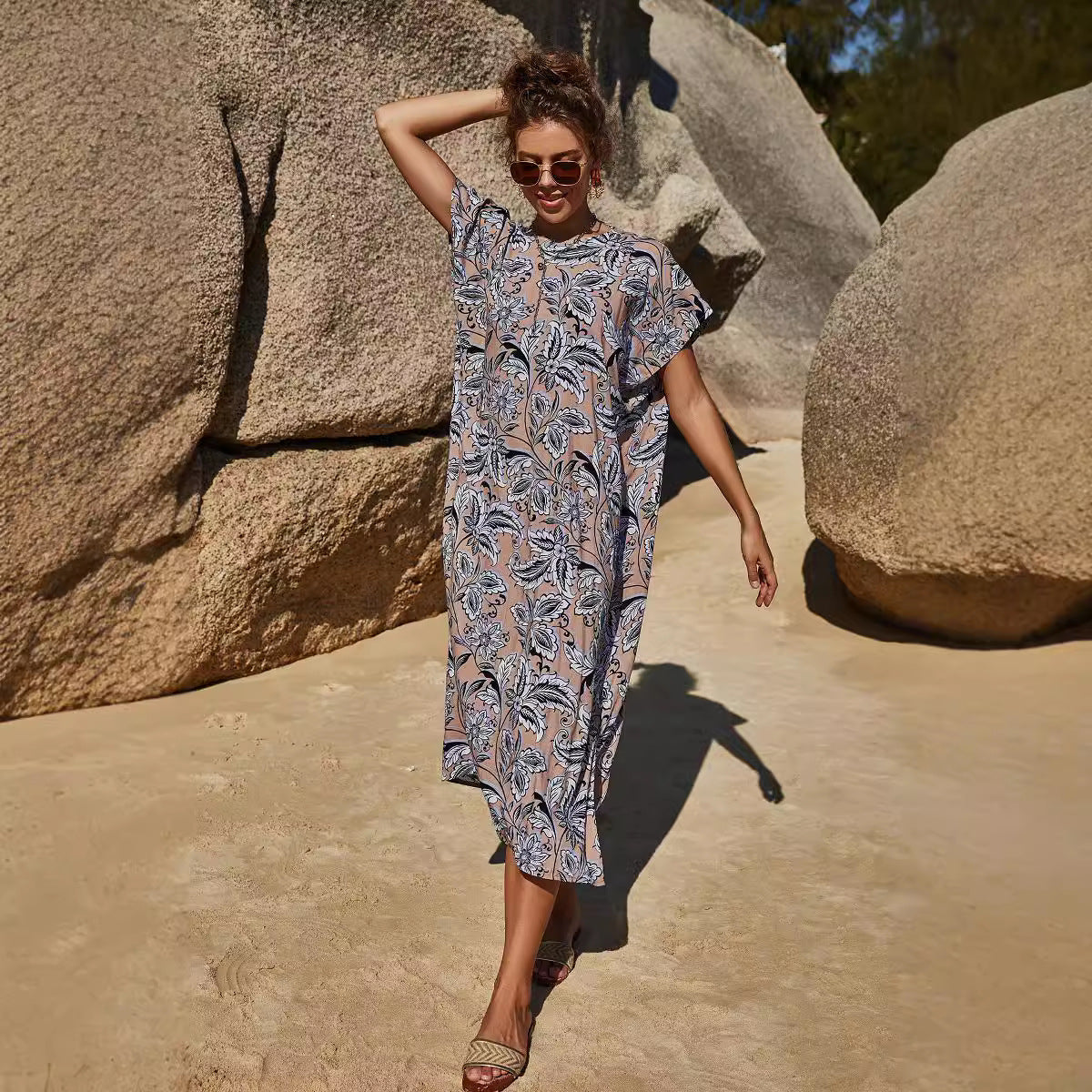 Amalia- Damen Maxikleid mit floralen Mustern und Ärmeln Kaffee 2