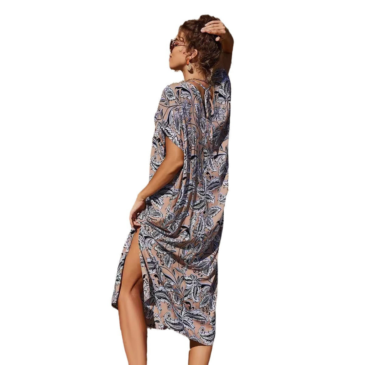 Amalia- Damen Maxikleid mit floralen Mustern und Ärmeln Kaffee 4-0-cib-0-cib