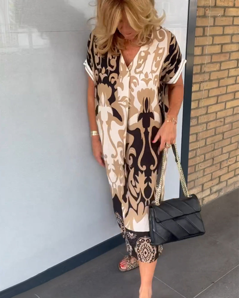 Angelika - Kleid mit geometrischem Print und V-Ausschnitt Braun 2