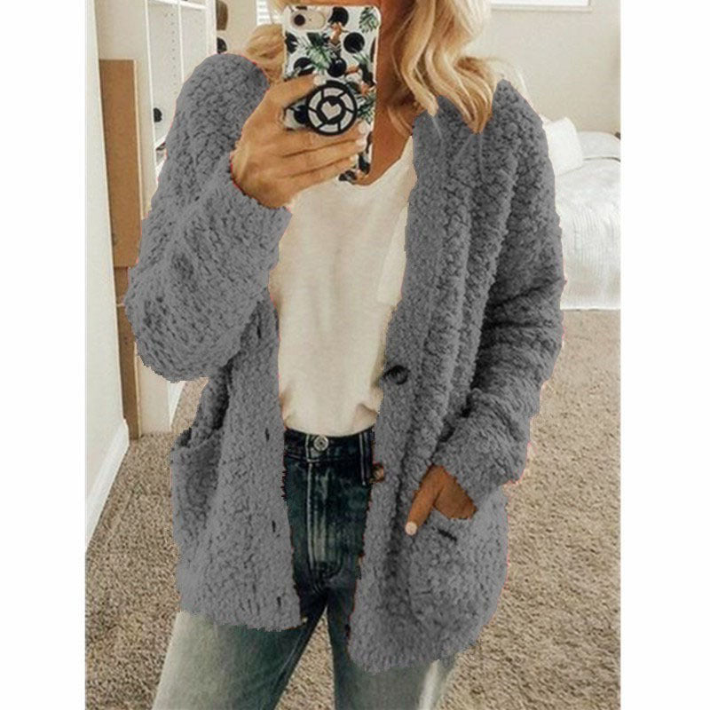 Anke - Teddy Kapuzenjacke Damen Winter Fleece Reißverschluss Dunkelgrau