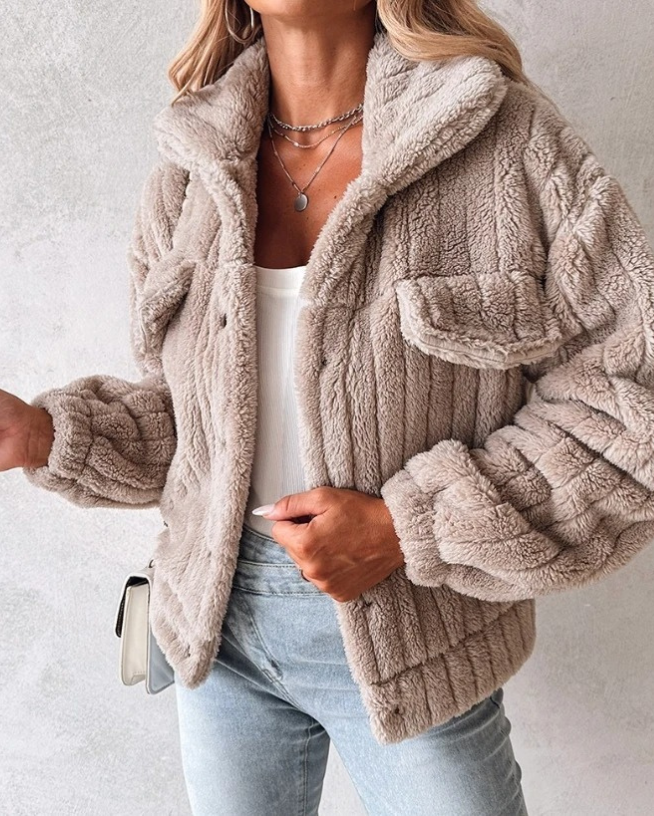 Anna - Übergangsjacke Teddy Damen Kurz Komfortabel Rosa Khaki