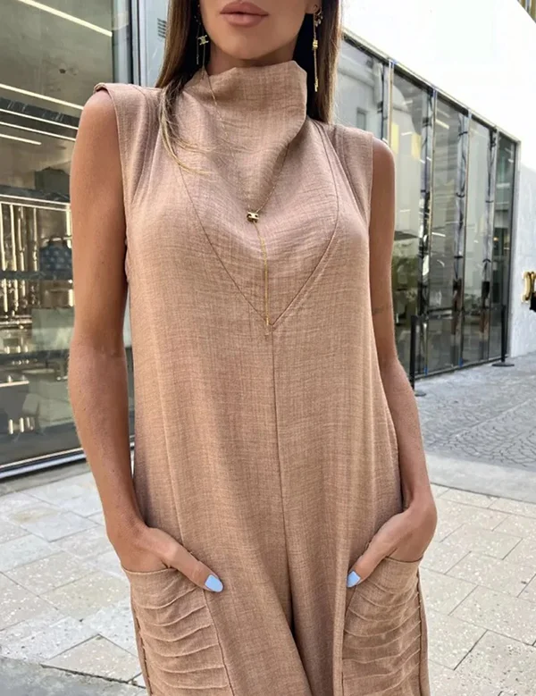 Aphrodite- Damen Eleganter Baumwoll Jumpsuit Mit Hohem Hals Kaki 1