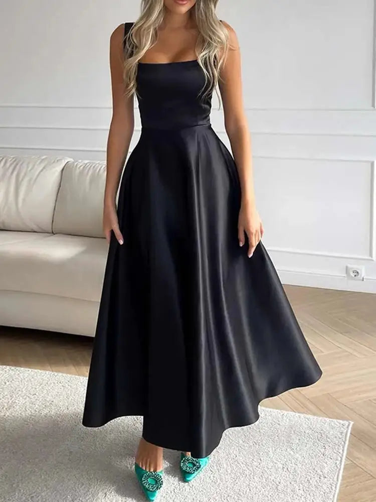 Arlette- ärmelloses Maxikleid mit hoher Taille für Frauen Schwarz