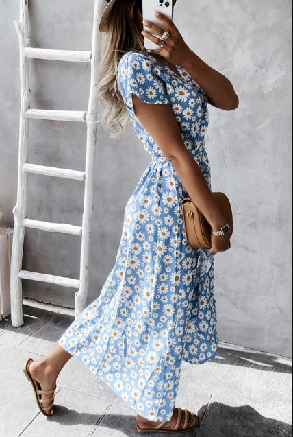 Arlette - Midikleid mit Gänseblümchenmuster Blau