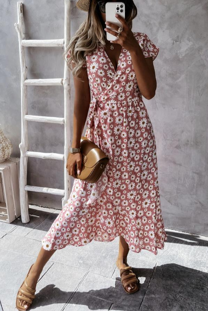 Arlette - Midikleid mit Gänseblümchenmuster Rosa