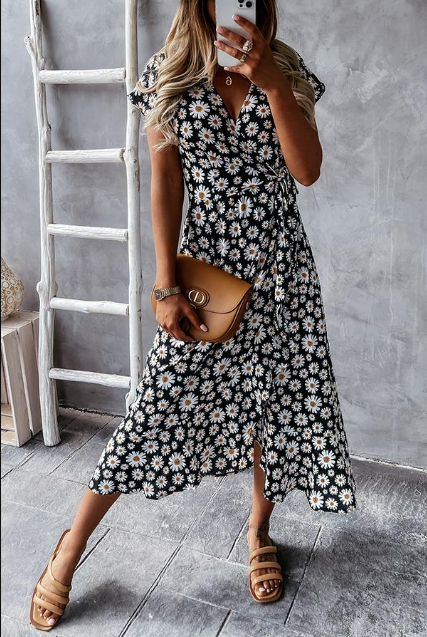 Arlette - Midikleid mit Gänseblümchenmuster Schwarz