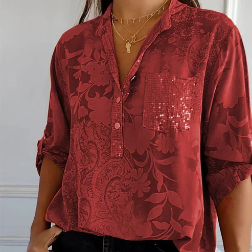 Berit - Langärmlige Bluse mit Blumenmuster Rot