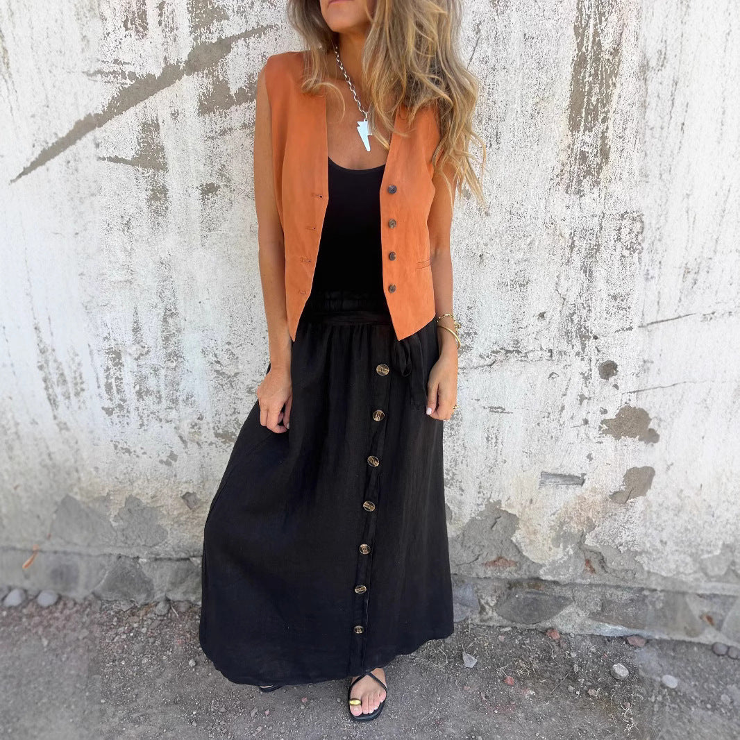 Bianca- Damen Midi Rock mit Knopfdetails und Bindegürtel Schwarz 2