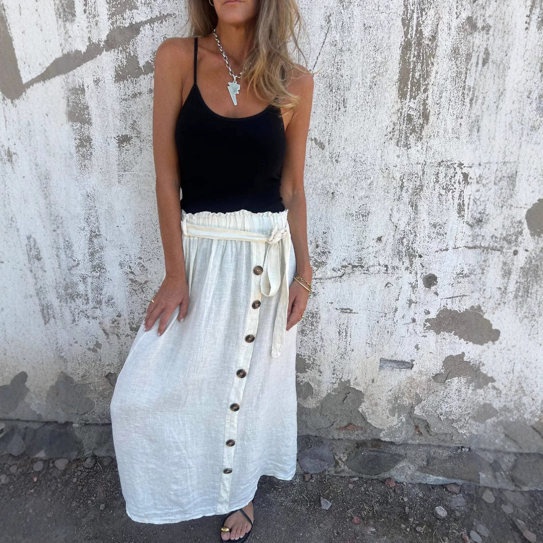 Bianca- Damen Midi Rock mit Knopfdetails und Bindegürtel Weiß