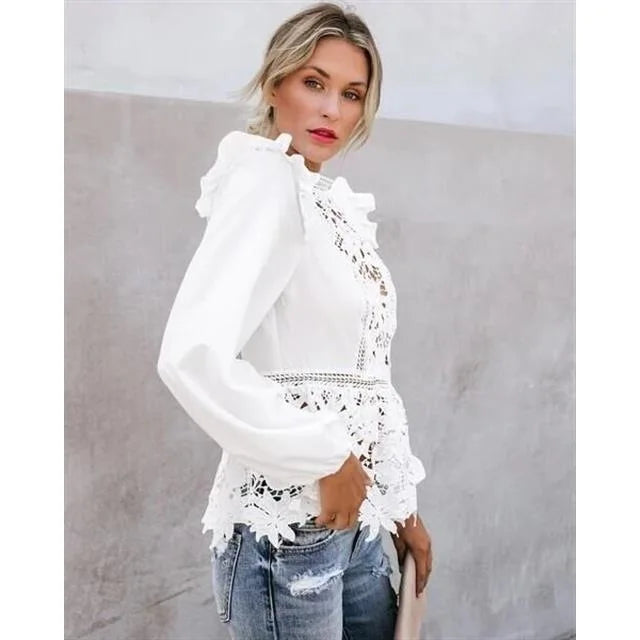 Bijanka- Langärmliges Top aus Spitze und Patchwork Weiß 3