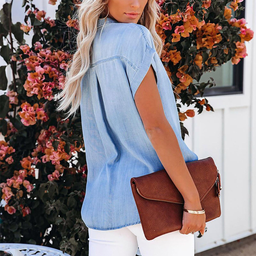 Cassia- Damen Stylische Denim Bluse Hellblau 1