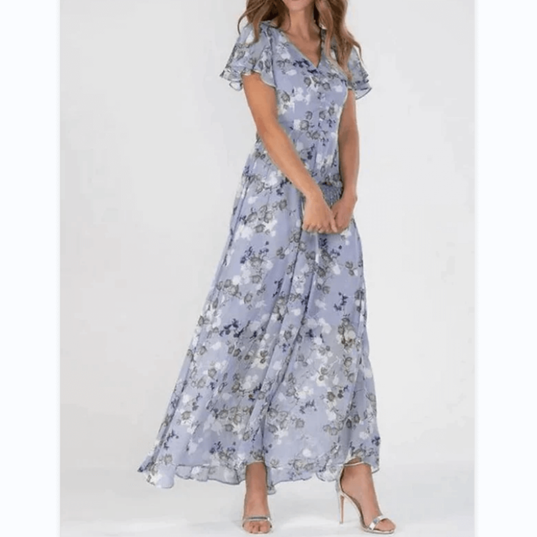 Cherie - Damen Sommer Formelles Blumen Hochzeitsgast Kleid Maxi Blau