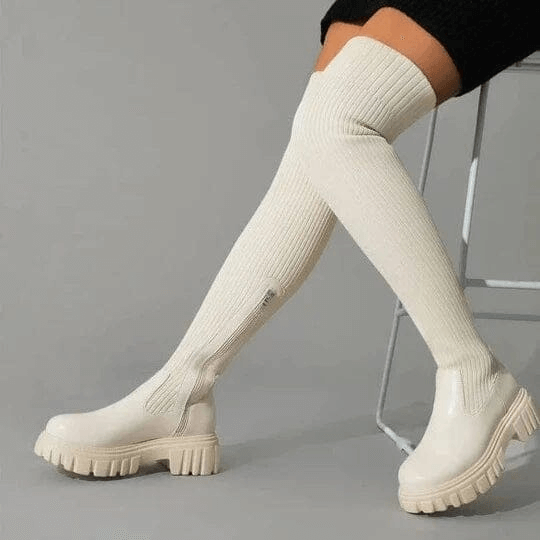 Clea - Damen Oberschenkelhohe Stretch Stiefel Weiß