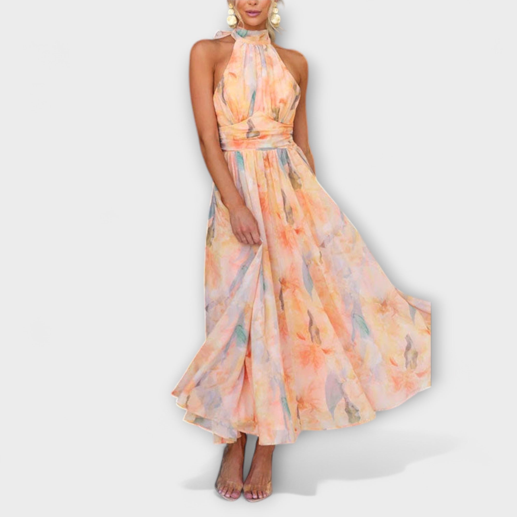 Constanze - Neckholder-Maxikleid mit Aquarellmuster Orange 2