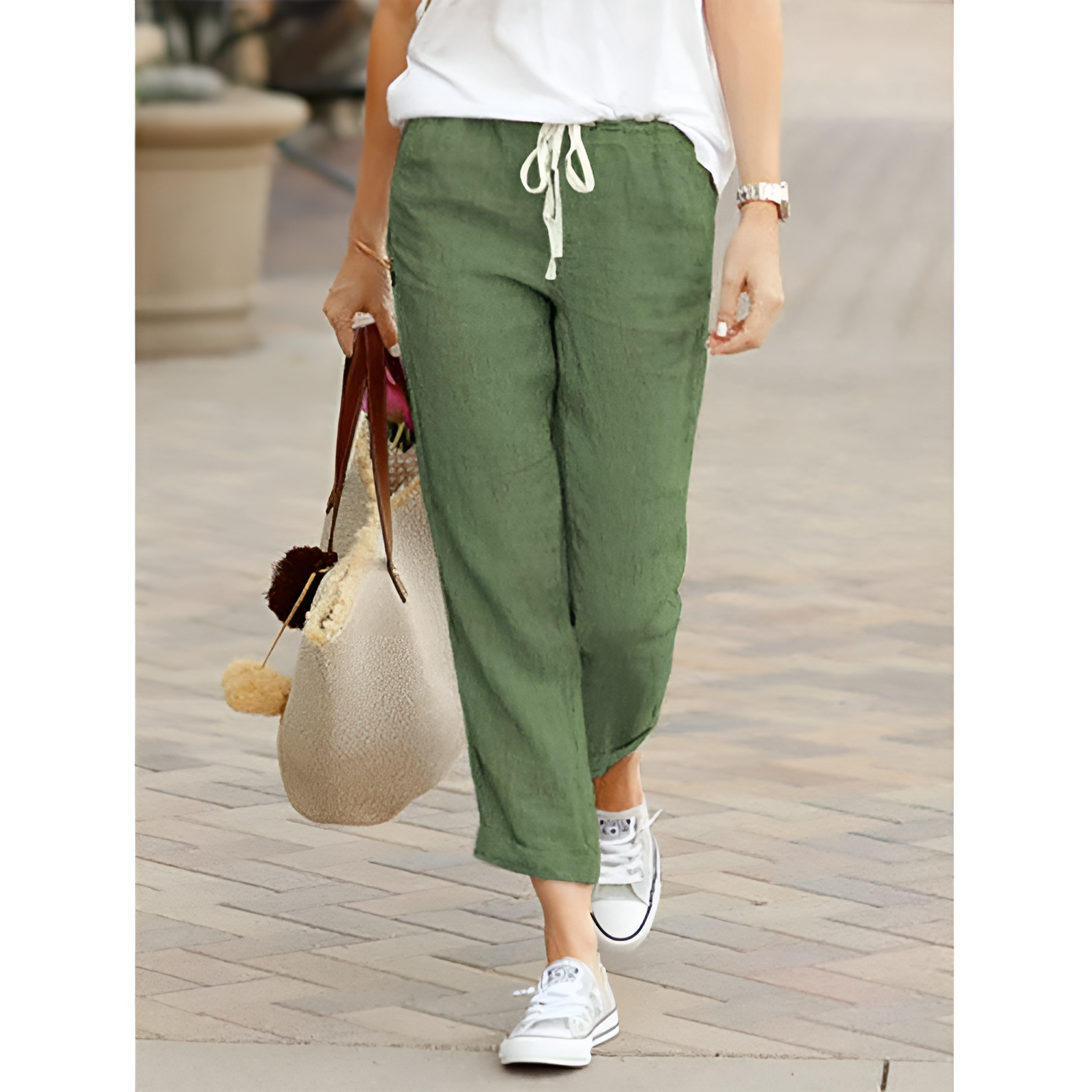 Coralie - Damen Baumwoll-Leinen Hose – Lockerer Schnitt Grun