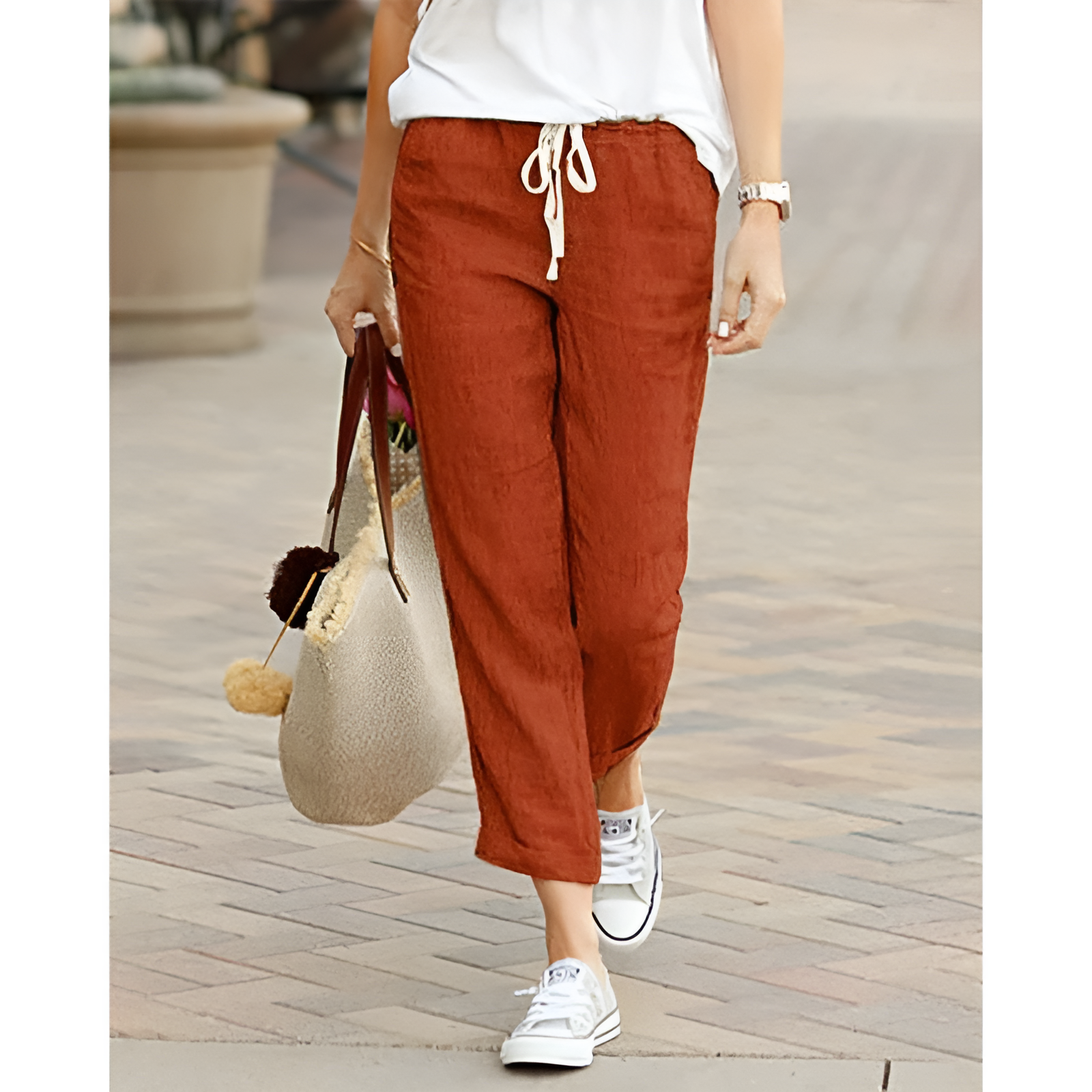 Coralie - Damen Baumwoll-Leinen Hose – Lockerer Schnitt Rot