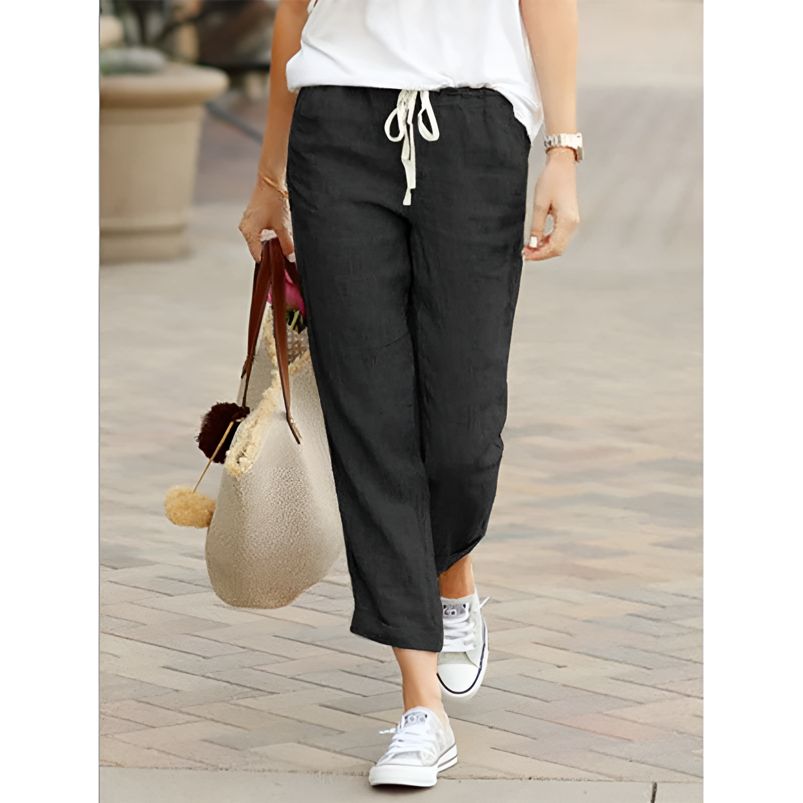 Coralie - Damen Baumwoll-Leinen Hose – Lockerer Schnitt Schwarz