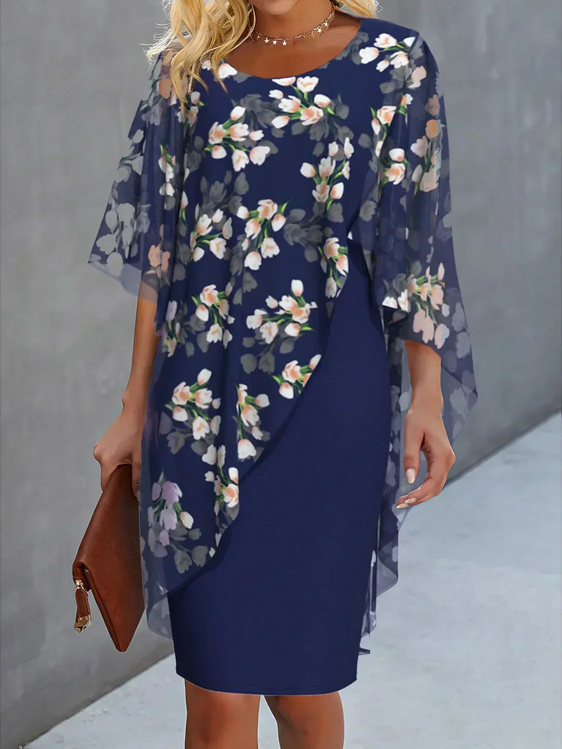 Dörthe - Sommerkleid Mit Blumenmuster Und Überwurf Für Damen Dunkelblau