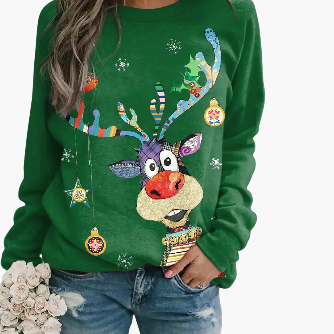 Margot - Damen Weihnachtspullover Rentier Schneemann Print