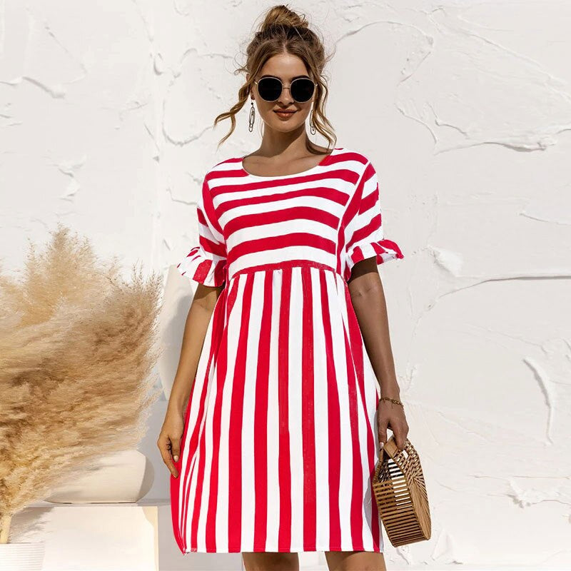 Daria - Sommerkleid Mit Rundhalsausschnitt Und Streifen Für Damen Rot
