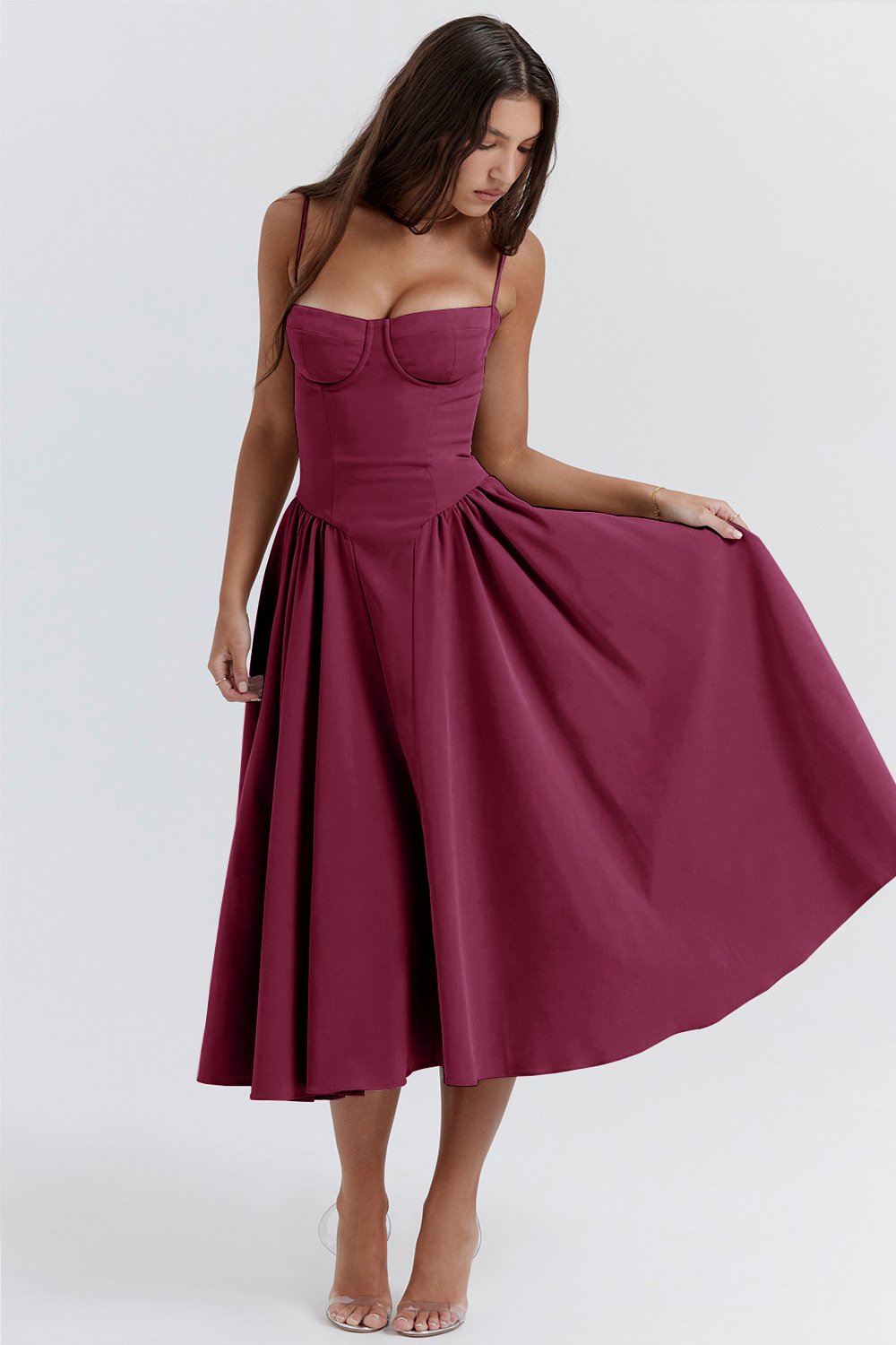 Diana - Weit schwingendes Midikleid mit Strapsen Pflaumenrot