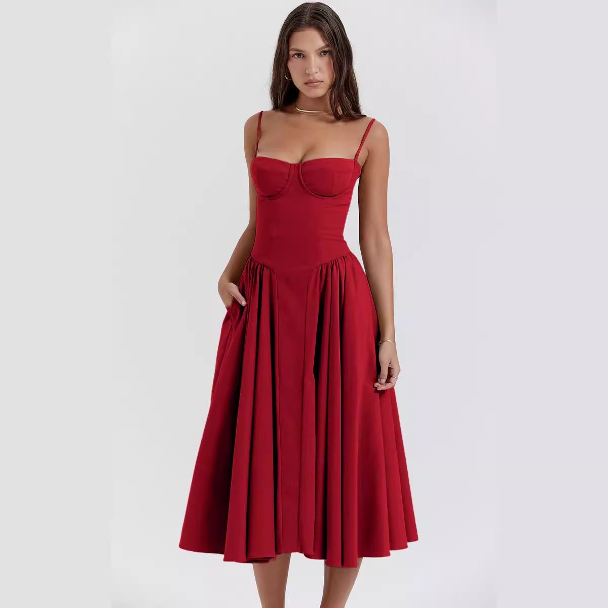Diana - Weit schwingendes Midikleid mit Strapsen Rot