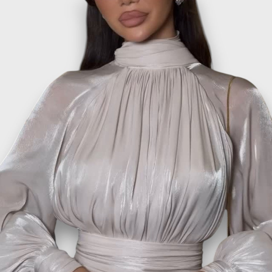 Edda – Fliessendes Maxikleid mit Volantdrama Grau2