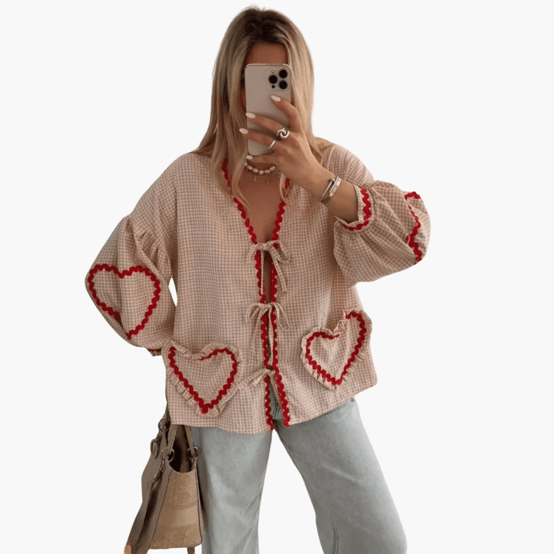 Eivor – Damen Gingham Bluse mit Herz-Taschen Rosa