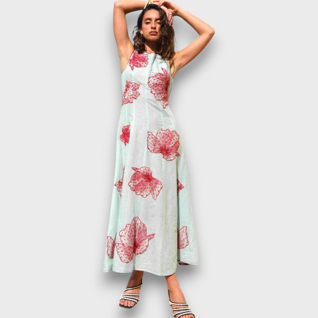 Elena – Besticktes Maxi-Kleid mit Boho-Flair Himmelblau