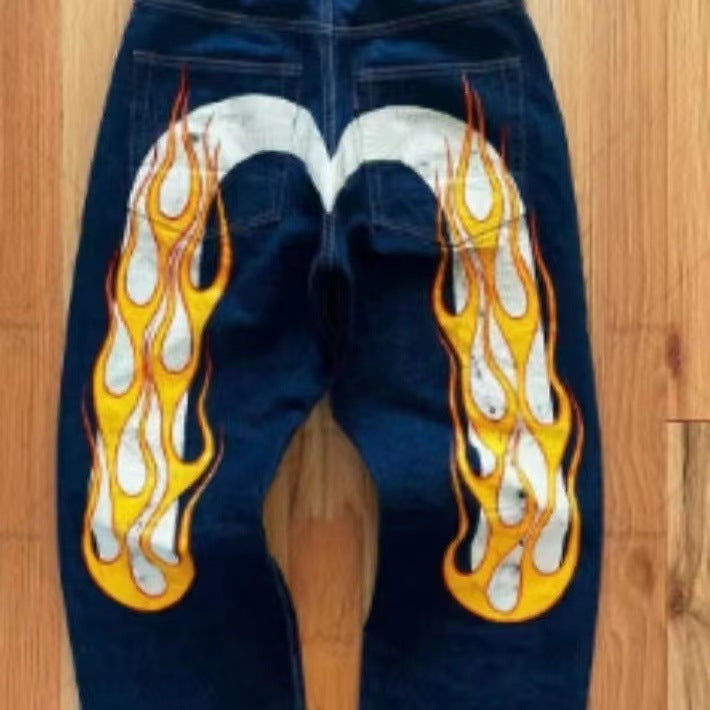 Elsbritt - Damen Baggy Jeans mit auffälligem Print und Streetwear-Design – Modische Freizeitjeans Flamme M Wort