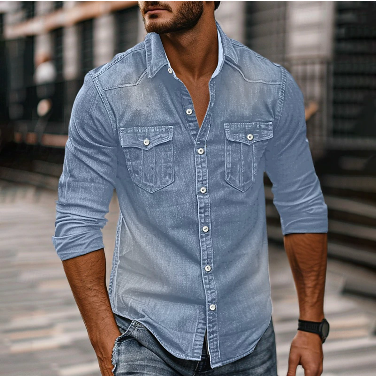 Emil - Denim Hemd mit Knöpfen für Herren Blau
