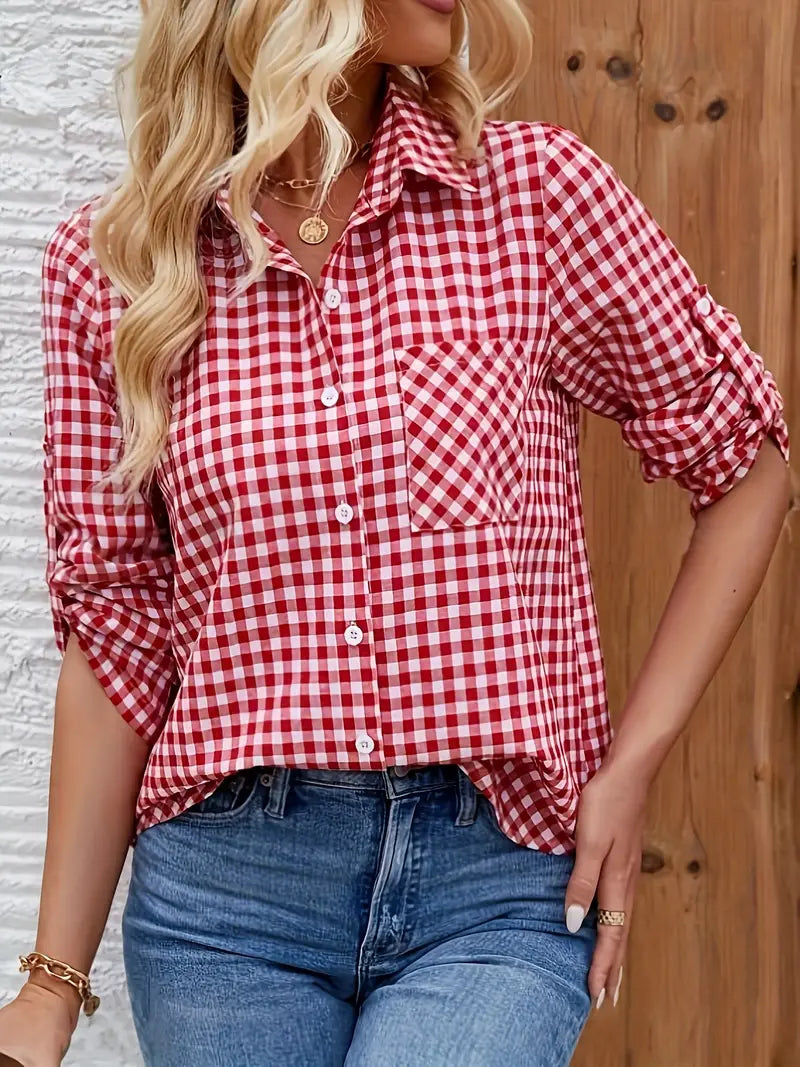 Evania – Damen Gingham Button-Down Hemd mit Stil Rot