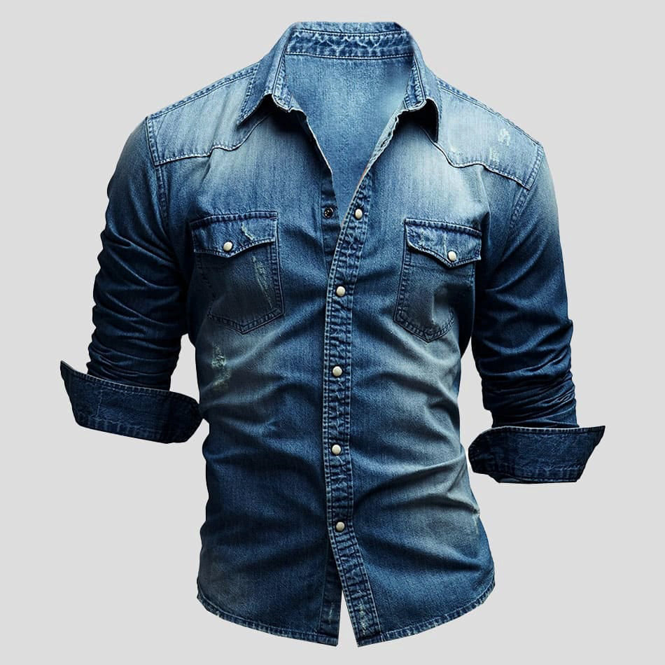 Faisu - Herren Denim-Hemd in Vintage-Optik Dunkelblau