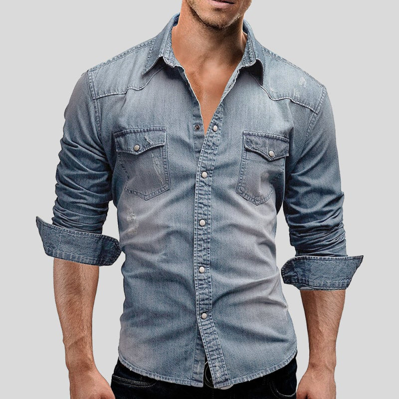 Faisu - Herren Denim-Hemd in Vintage-Optik Hellblau 2
