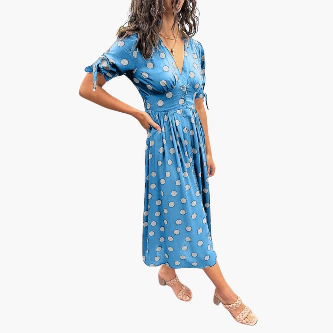 Falina - Damen Polka Dots Kleid – Midi Sommerkleid mit Knöpfen Himmelblau