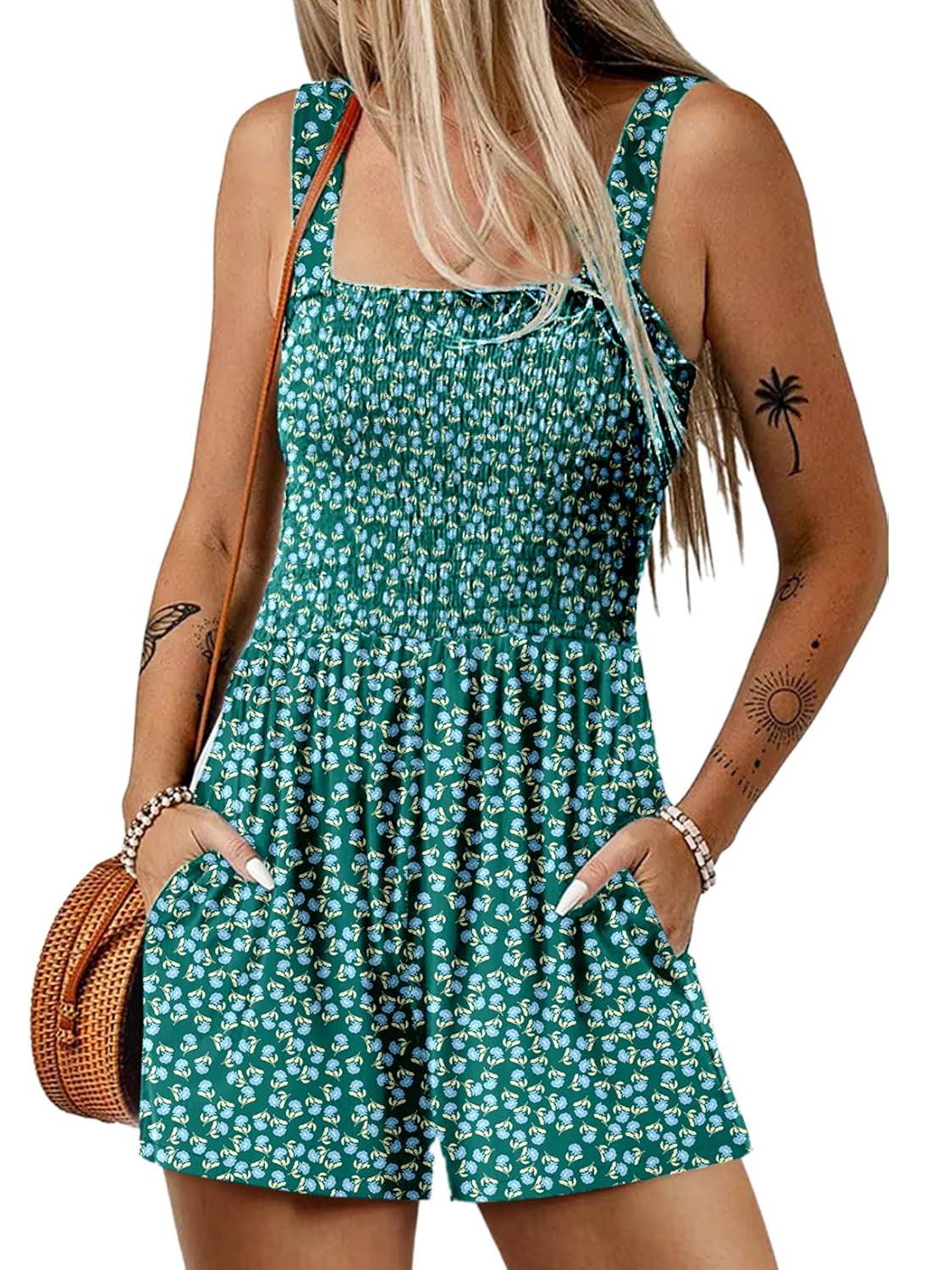 Fernanda – Ärmelloser Sommer Playsuit mit quadratischem Ausschnitt Dunkelgrün