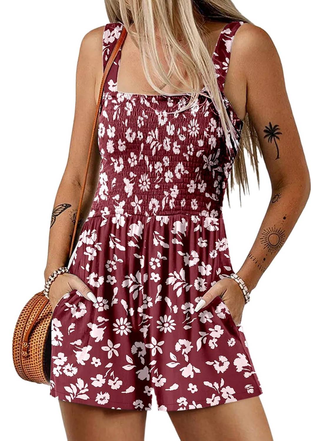 Fernanda – Ärmelloser Sommer Playsuit mit quadratischem Ausschnitt Rot